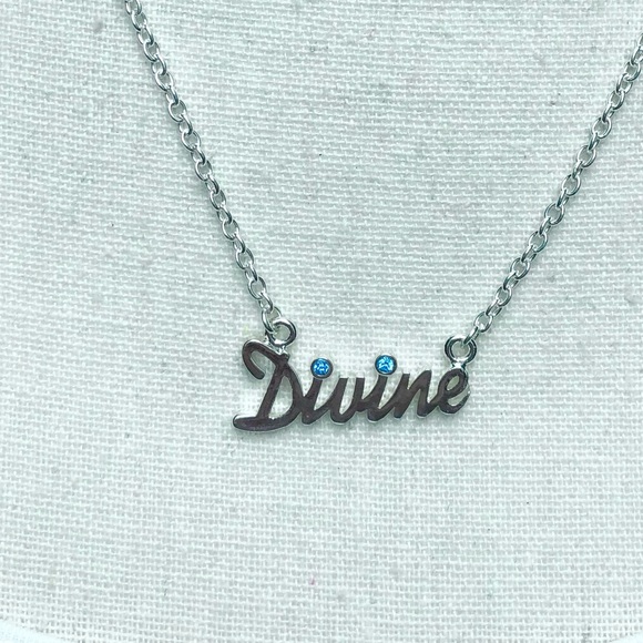 Silver Dainty DIVINE Scroll Name Necklace with Aquamarine - Picture 1 of 4